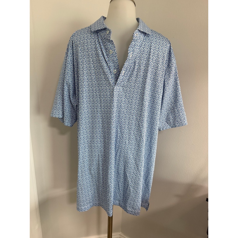 Donald Ross Sportswear Mens Blue White Geometric Leaf Print Golf Polo Shirt L
